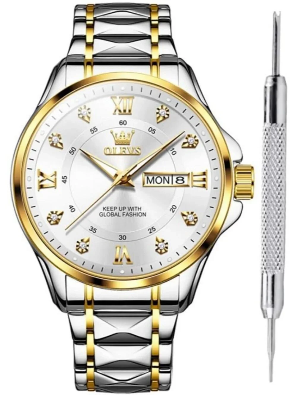 Olevs Men's Silver Gold Stainless White Face Analog Waterproof Luminous Watch